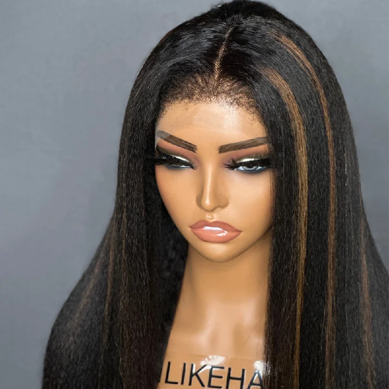 Natural Black Mix Brown Highlights Straight 13x4 HD Lace Front Kinky Edges Wig