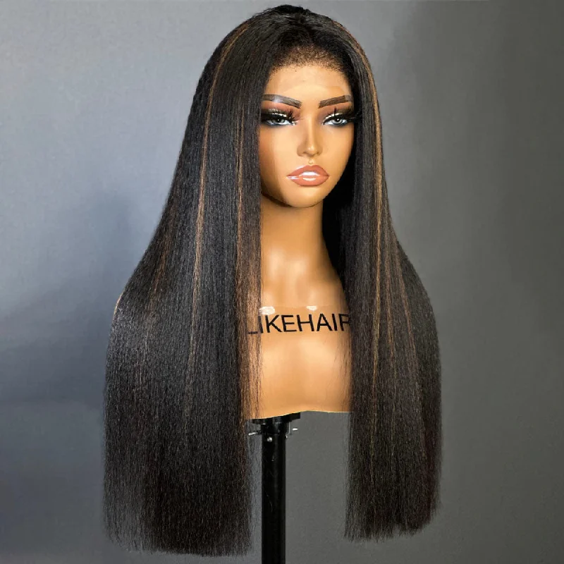 Natural Black Mix Brown Highlights Straight 13x4 HD Lace Front Kinky Edges Wig