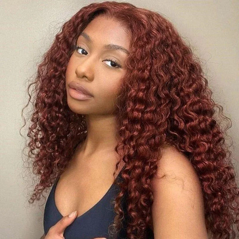 New Fabulous Glueless Reddish Brown Deep Wave Hair HD Lace Front Wigs