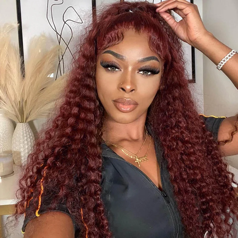 New Fabulous Glueless Reddish Brown Deep Wave Hair HD Lace Front Wigs