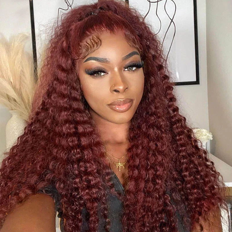 New Fabulous Glueless Reddish Brown Deep Wave Hair HD Lace Front Wigs