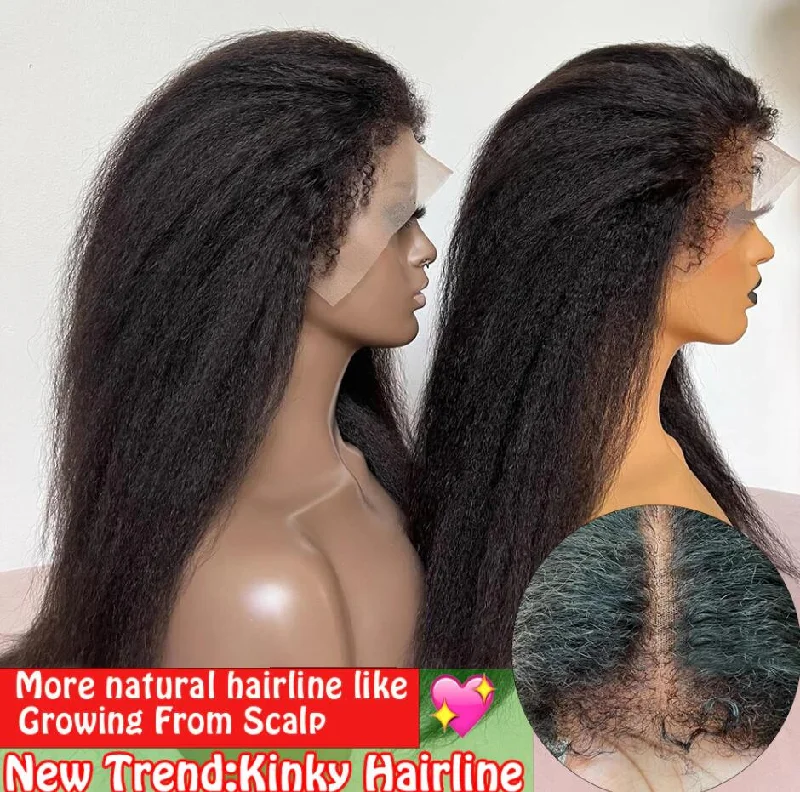 New Natural Hairline Lace Front Human Hair Wigs Yaki Style 180% Density