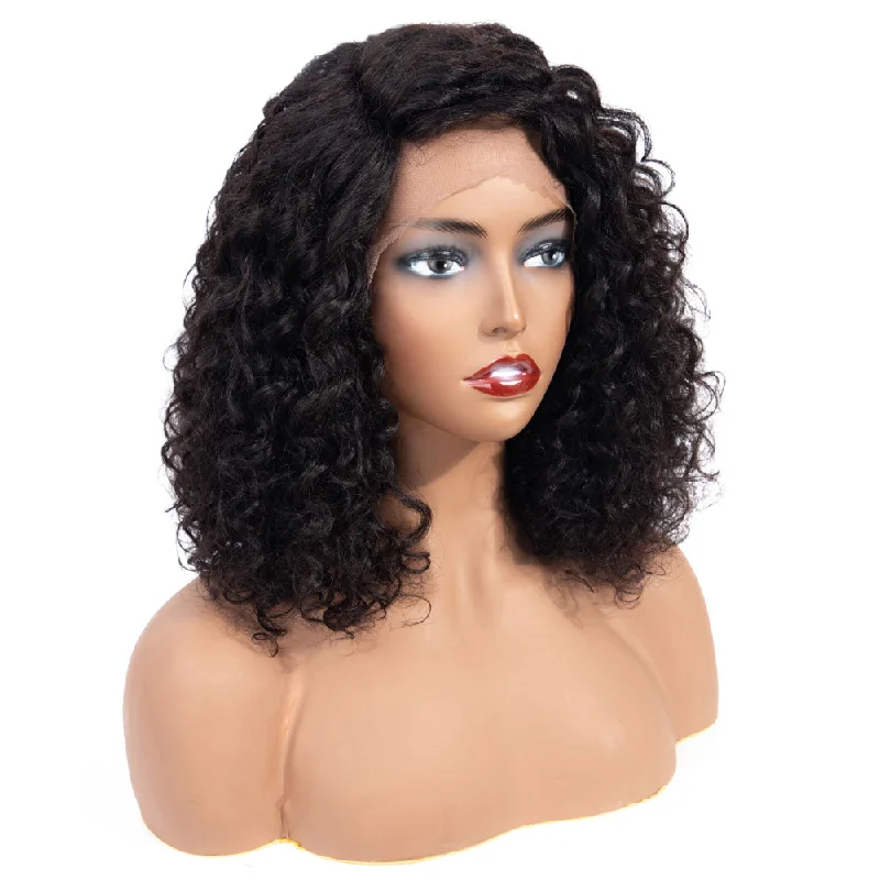 Nikki Deep Wave Human Hair Wig with Lace Side Parting Natural Black