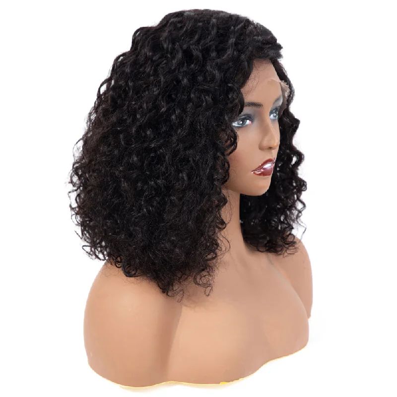 Nikki Deep Wave Human Hair Wig with Lace Side Parting Natural Black