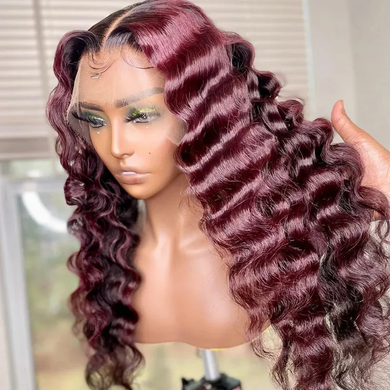 Ombre Burg Color Wig Skin Melt HD Lace Front Wig Deep Wave