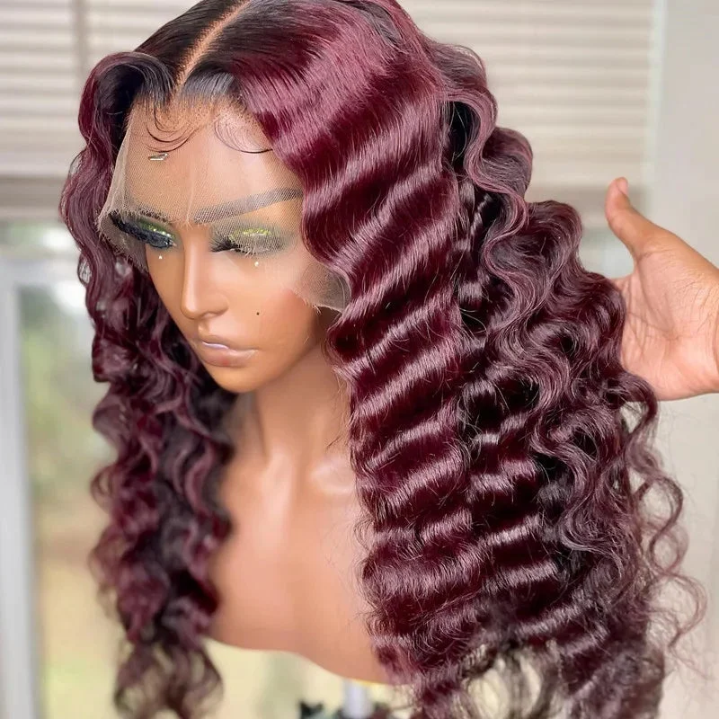 Ombre Burg Color Wig Skin Melt HD Lace Front Wig Deep Wave