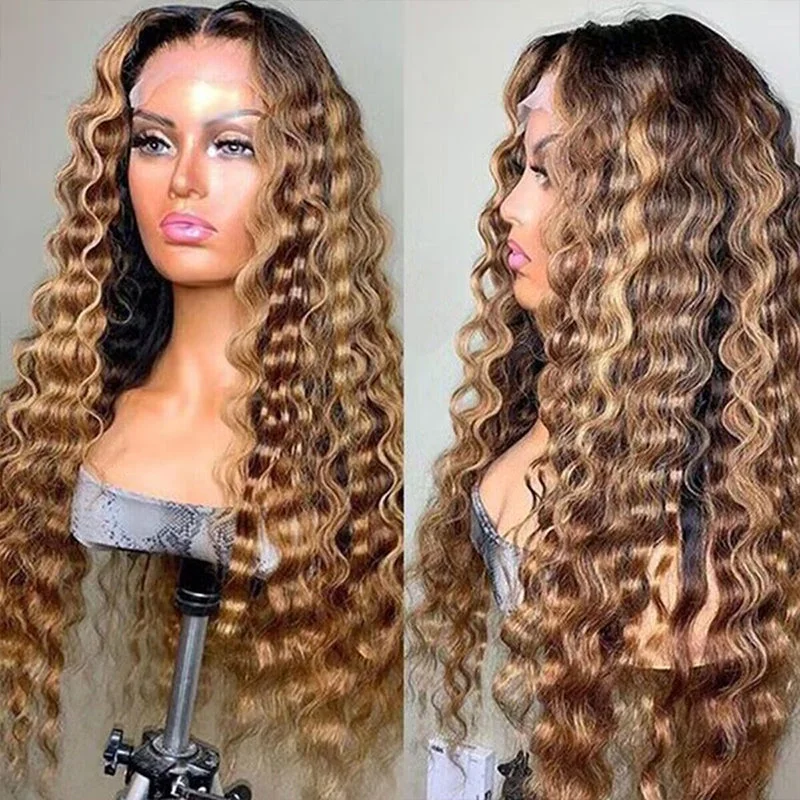 Ombre Highlight Honey Blonde With Dark Roots Glueless Loose Deep Wave HD Lace Wigs