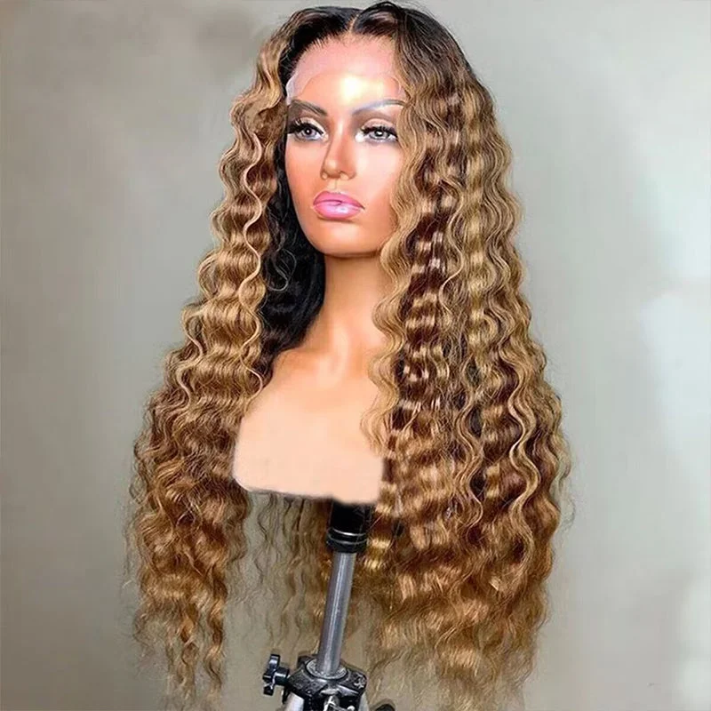 Ombre Highlight Honey Blonde With Dark Roots Glueless Loose Deep Wave HD Lace Wigs