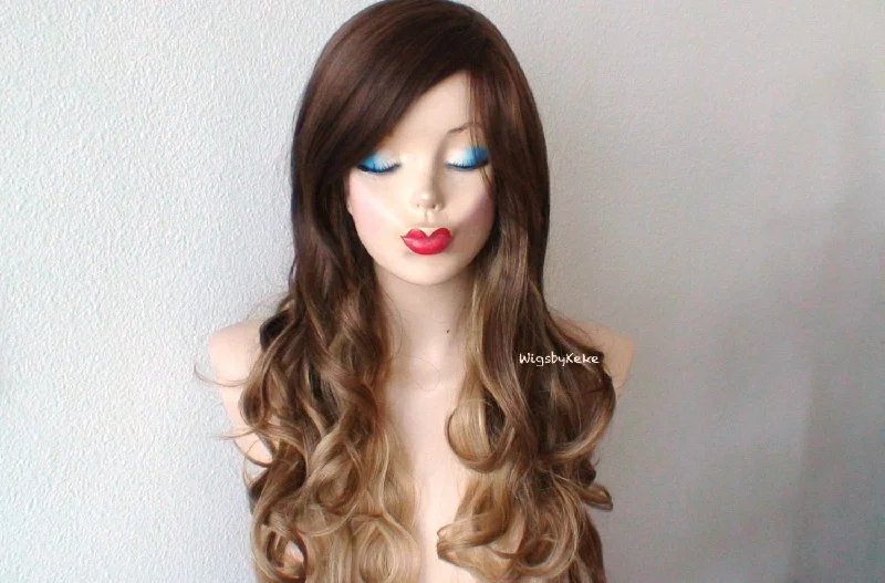 26"" Lace Front Brown Dirty Blonde Ombre Long Curly Hair Long Side Bangs Wig