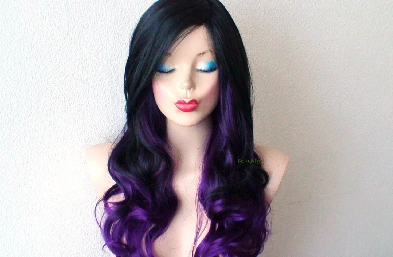 26"" Lace Front Black-Purple Ombre Long Curly Hair Long Side Bangs Wig