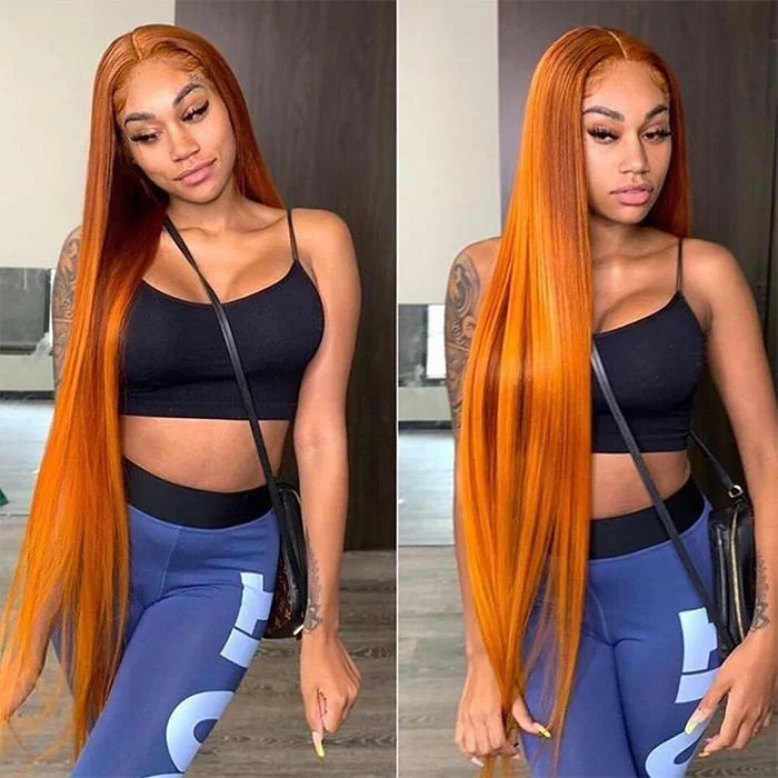 Orange Ginger Color 13*4 HD Transparent Lace Front Wigs 30 Inch Body Wave Pre Plucked Human Hair Wigs Remy Glueless Lace Wigs