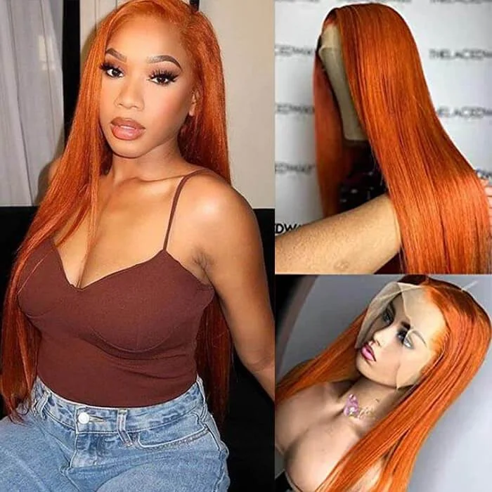 Orange Ginger Color 13*4 HD Transparent Lace Front Wigs 30 Inch Body Wave Pre Plucked Human Hair Wigs Remy Glueless Lace Wigs