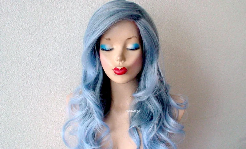 26"" Lace Front Pastel Blue Ombre Long Curly Hair Side Bang Wig