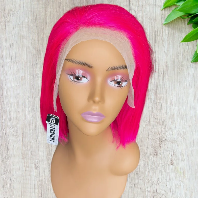 Pink Colored Straight Bob Transparent Lace Human Hair Wig 13x4 free Part 180% Density