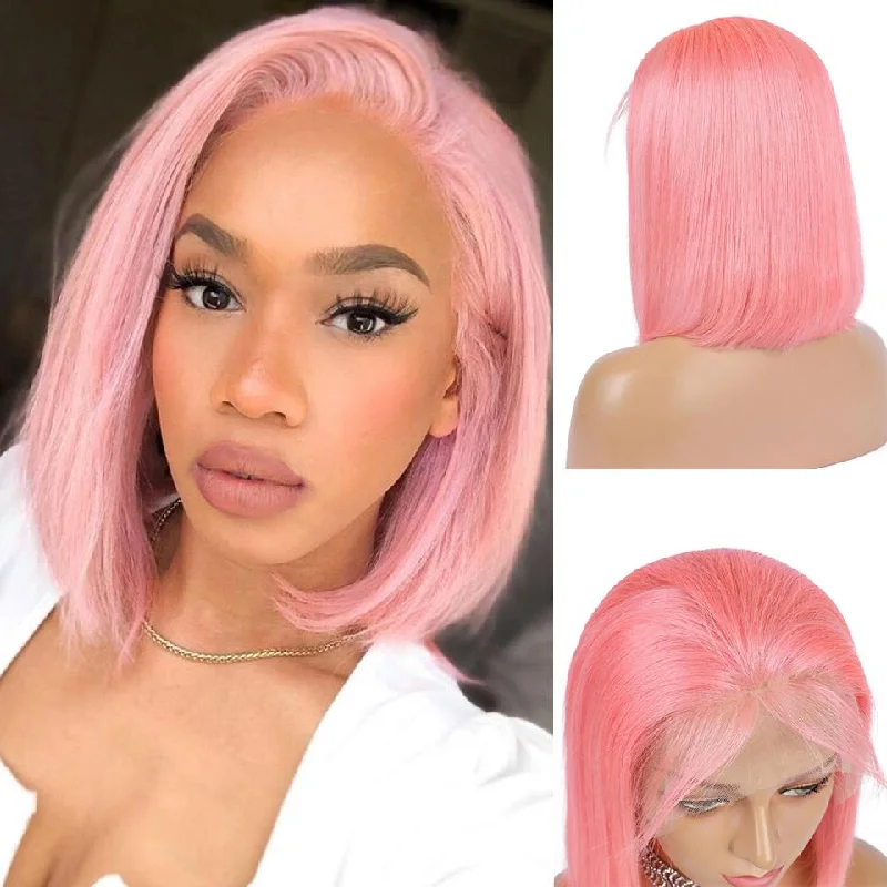 Pink Straight Hair Wig 13*4 HD Transparent Lace Front Short Bob Wigs 180 210 Density Human Hair WigS Vrvogue Hair