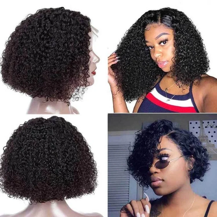 13x4/4x4 Pixie Jerry Curly Bob Wig Transparent Lace Wig 10A Brazilian Human Hair Natural Color Wigs