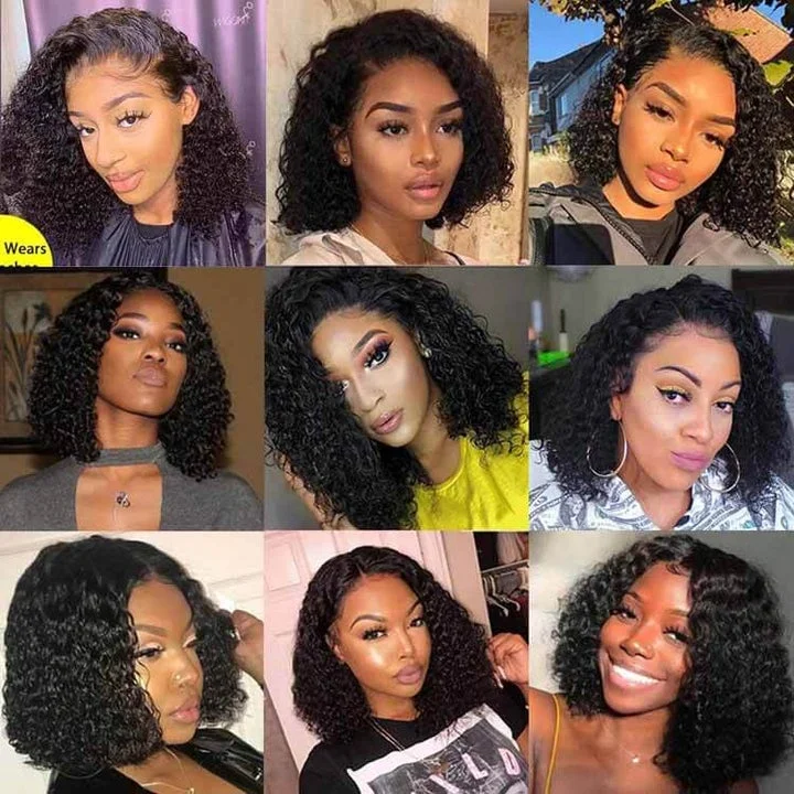 13x4/4x4 Pixie Jerry Curly Bob Wig Transparent Lace Wig 10A Brazilian Human Hair Natural Color Wigs