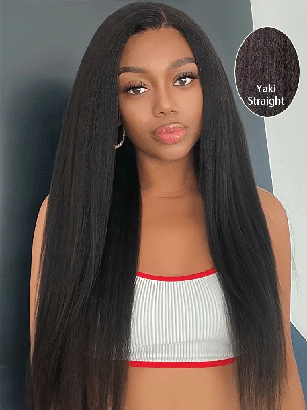 CurlyMe Pre-bleached Light Yaki Straight Hair Wear Go Glueless Wig Pre-cut HD Lace Pre-plucked