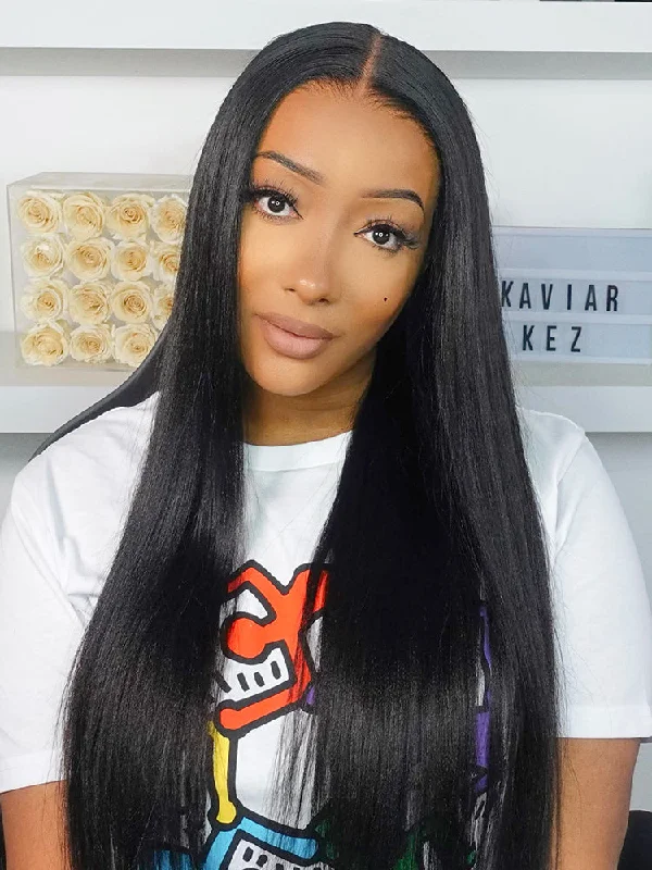 CurlyMe Pre-bleached Light Yaki Straight Hair Wear Go Glueless Wig Pre-cut HD Lace Pre-plucked