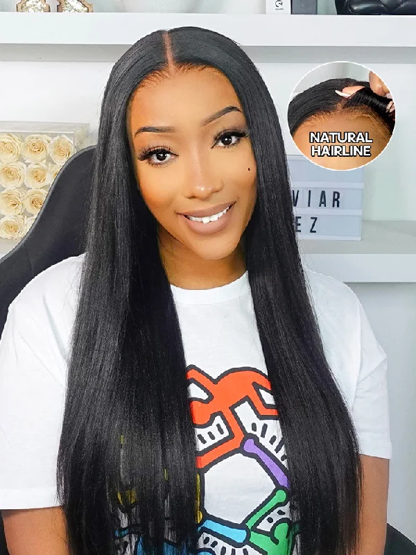 CurlyMe Pre-bleached Light Yaki Straight Hair Wear Go Glueless Wig Pre-cut HD Lace Pre-plucked