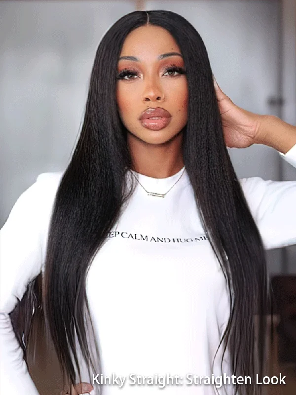 CurlyMe Pre-bleached Light Yaki Straight Hair Wear Go Glueless Wig Pre-cut HD Lace Pre-plucked