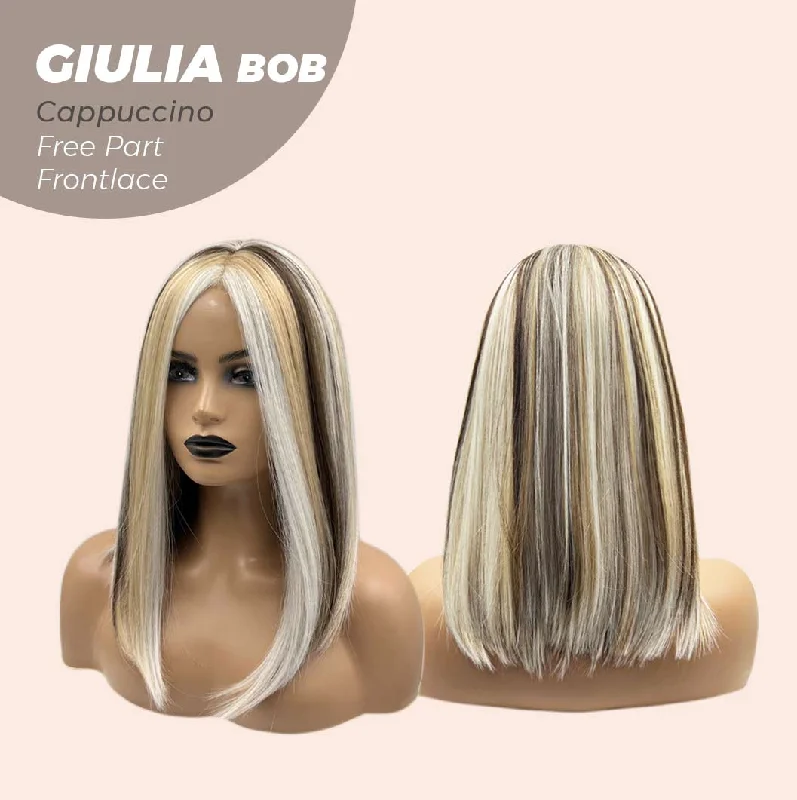 JBEXTENSION 14 Inches Bob Cut Mix Color With Blonde Brown Highlight Free Part Pre-Cut Frontlace Glueless Wig GIULIA BOB CAPPUCCINO (FREE PARTING)