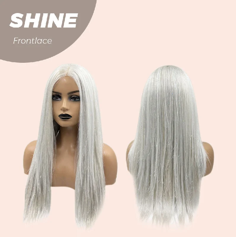 JBEXTENSION 25 Inches White Grey With Shine Highlight Straight Pre-Cut Frontlace  Glueless Wig SHINE