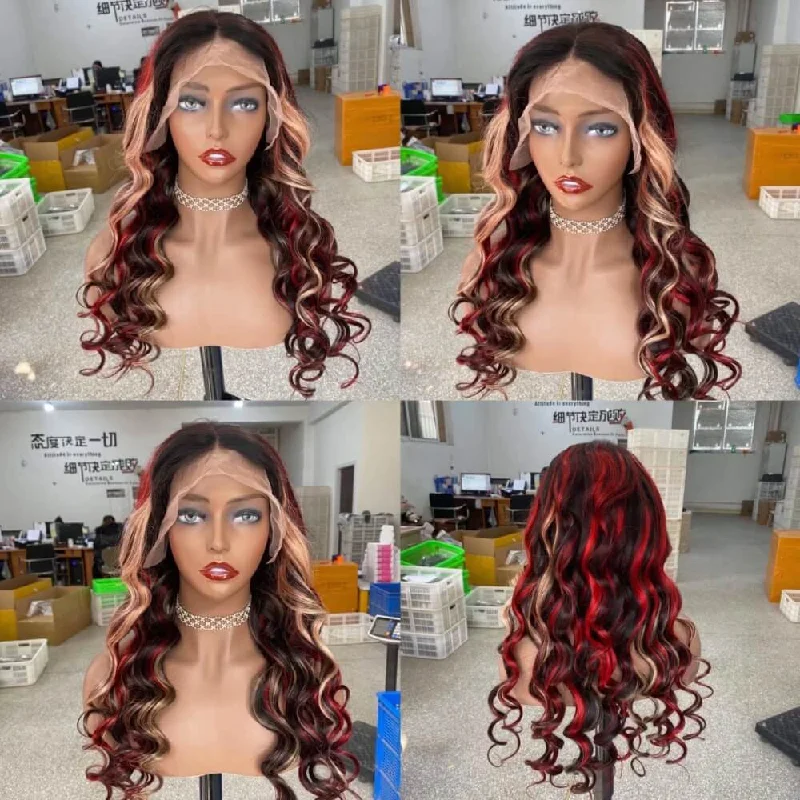 Red Blonde Highlight Lace Wig Loose Wave Human Hair for African American