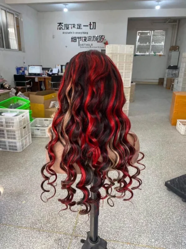 Red Blonde Highlight Lace Wig Loose Wave Human Hair for African American