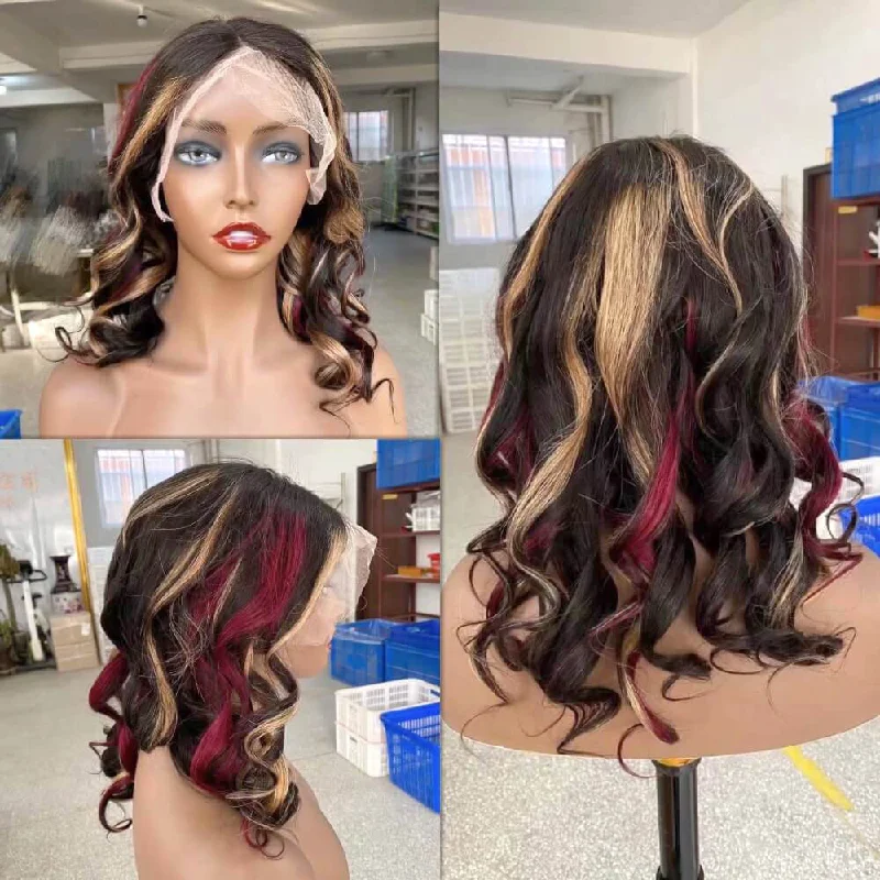 Red Highlight Human Hair Lace Frontal Wig Loose Wave for African American