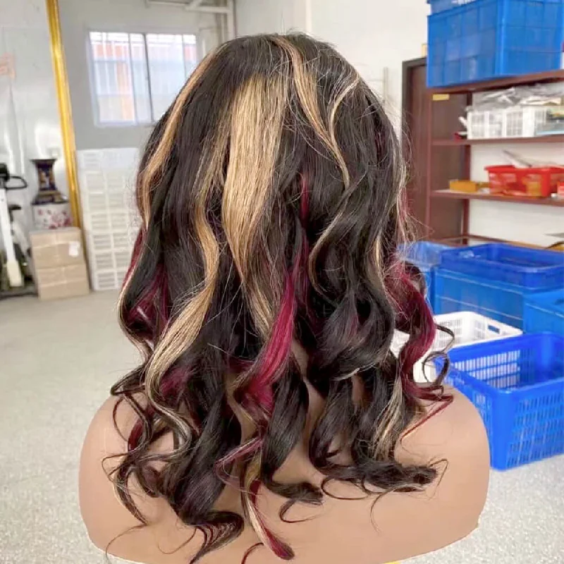 Red Highlight Human Hair Lace Frontal Wig Loose Wave for African American