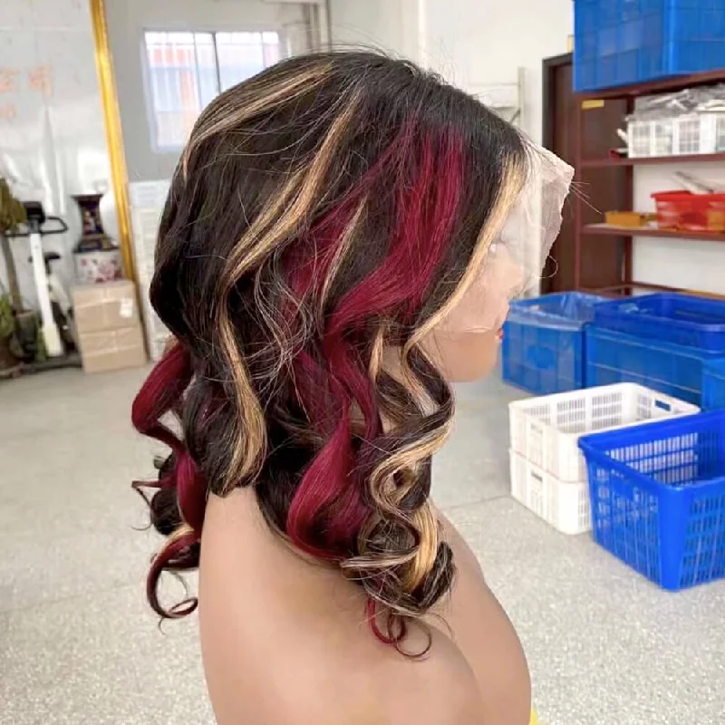 Red Highlight Human Hair Lace Frontal Wig Loose Wave for African American