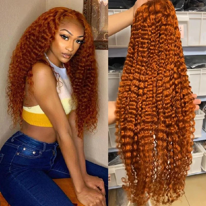 Red Orange 13*4 HD Transparent Lace Front Curly Hair Wigs 180 210 Density 100% Human Hair