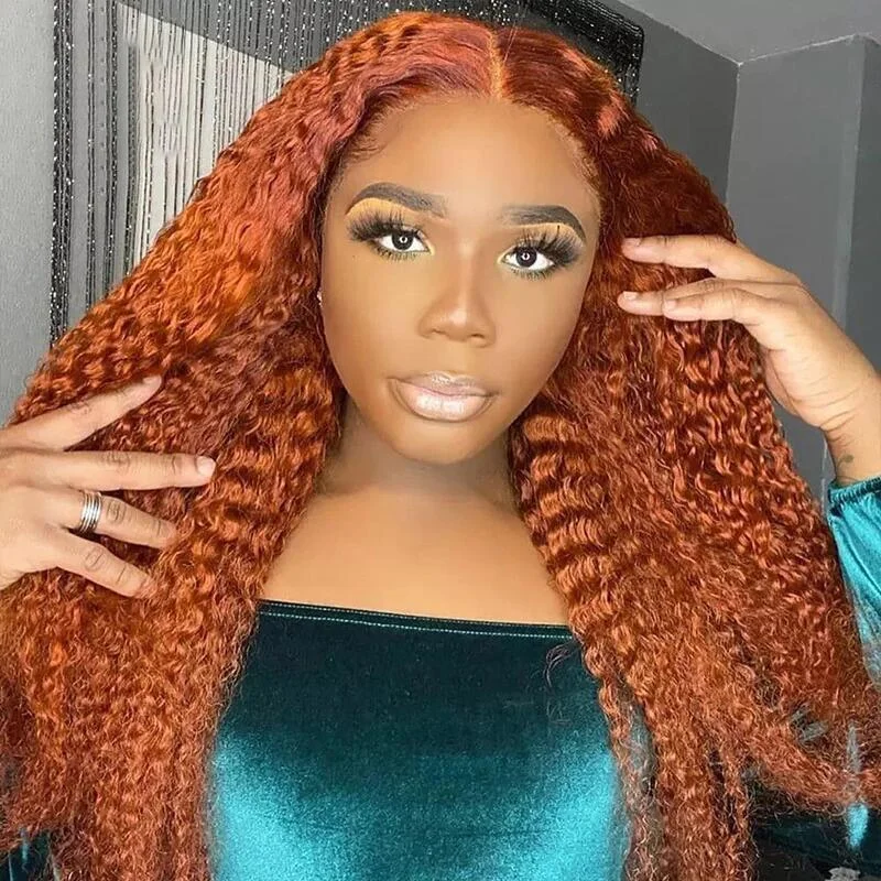 Red Orange 13*4 HD Transparent Lace Front Curly Hair Wigs 180 210 Density 100% Human Hair