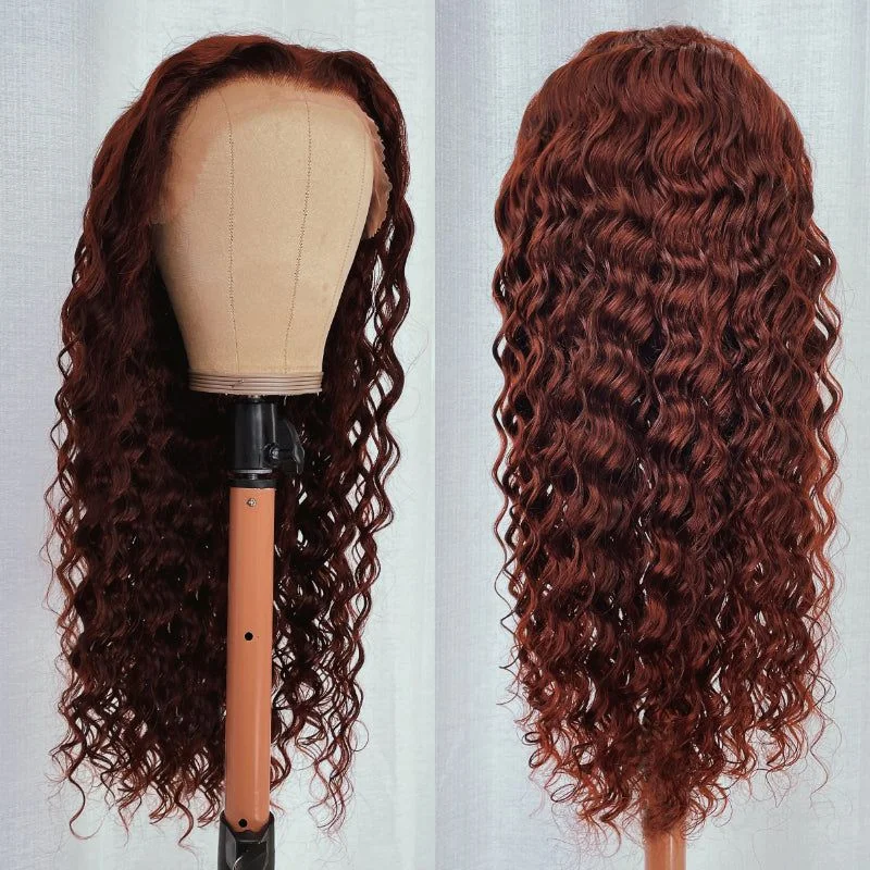 Reddish Brown Deep Wave Tranparent Lace Front Wig Auburn Deep Hairline HD Clear Lace Human Hair Wigs