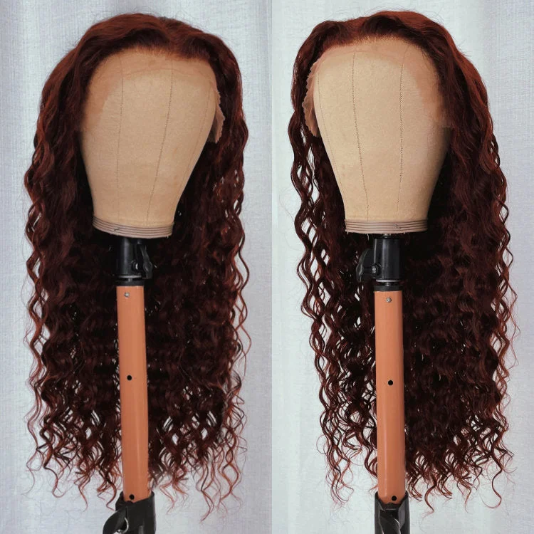 Reddish Brown Deep Wave Tranparent Lace Front Wig Auburn Deep Hairline HD Clear Lace Human Hair Wigs