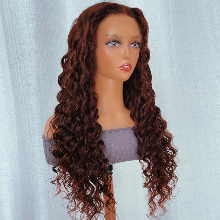 Reddish Brown Deep Wave Tranparent Lace Front Wig Auburn Deep Hairline HD Clear Lace Human Hair Wigs