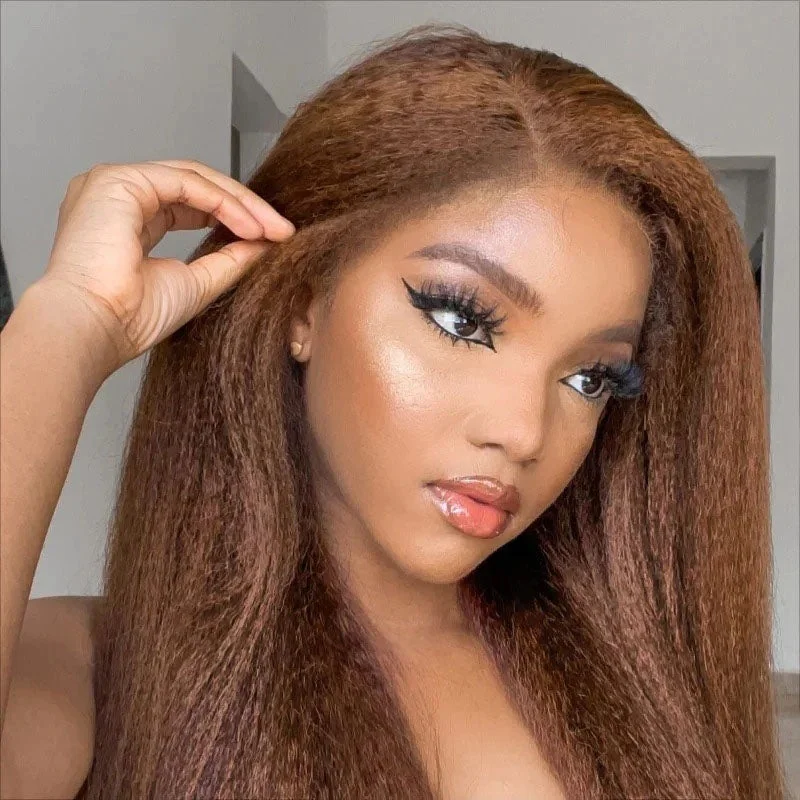 Reddish Brown Kinky Edges Lace Front Kinky Straight Wig