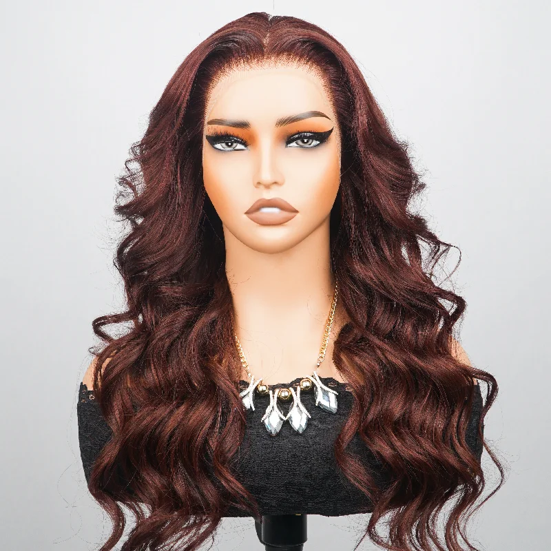 Luxury Designer Series Reddish Brown Loose Wave 13x4 Lace Front Wig 250% Density Human Hair Colored Wig Fashionable Wavy Hairstyle for All Occasions-GEETA HAIR