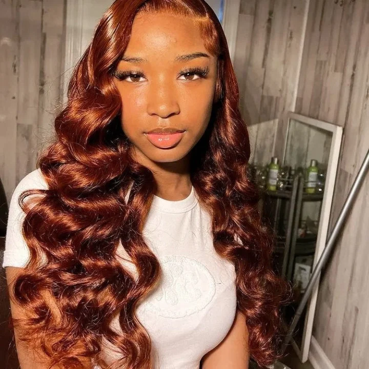 Reddish Brown Natural Loose Wave Undetectable HD Lace Front Wig Dark Auburn Pre Plucked with Baby Hair Wigs