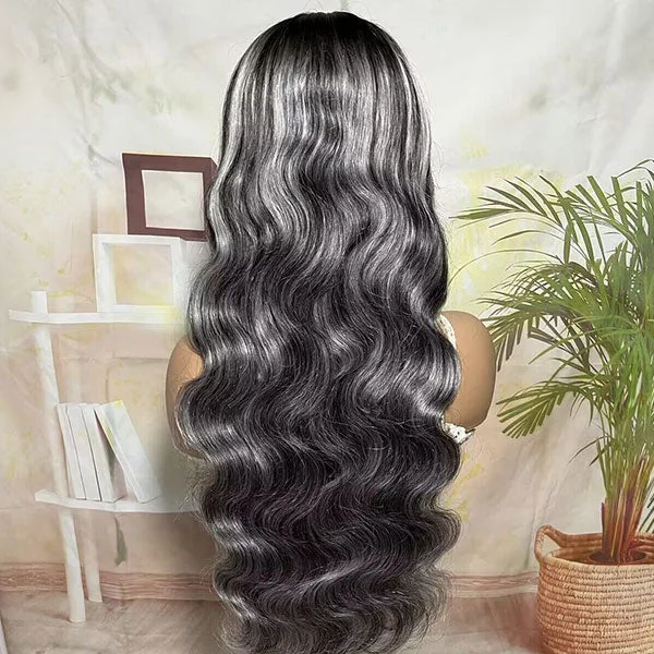 Reshine Hair Body Wave Human Hair Wigs Black And Grey Highlights Hair Wigs Color Hair Lace Wig