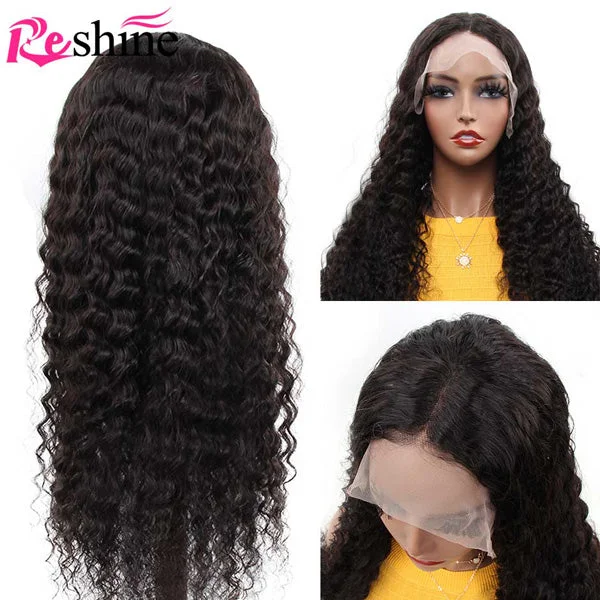 Reshine Hair Deep Curly Brazilian Hair 4x4 Lace Closure Wig Deep Wave Lace Front Wigs Human Hair Pre Plucked