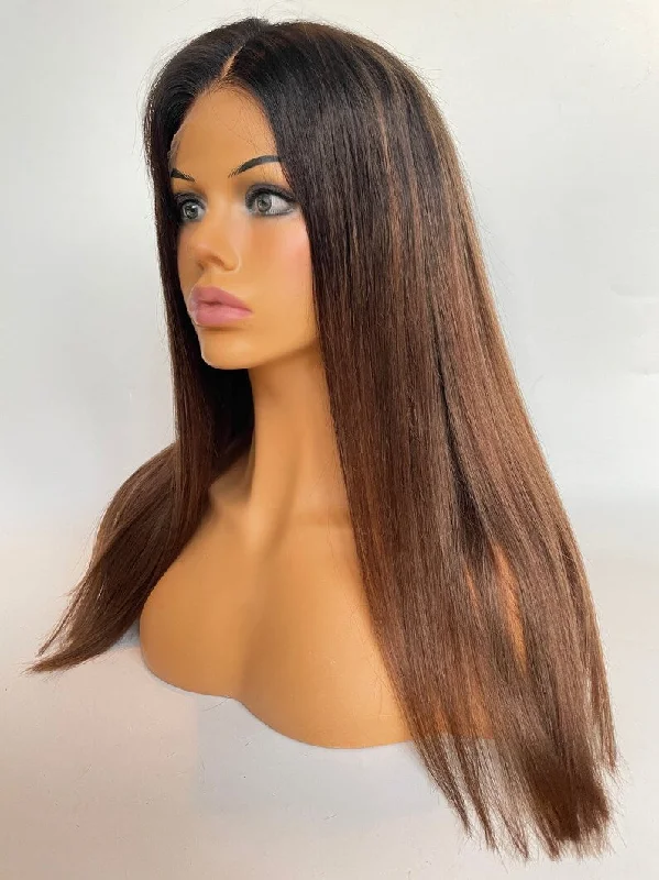 Rooted Brown (color T4/#6) Wig - HD Silk Base European Hair - Invisible Knots - Natural Hairline