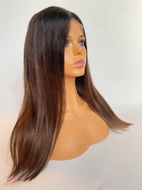 Rooted Brown (color T4/#6) Wig - HD Silk Base European Hair - Invisible Knots - Natural Hairline