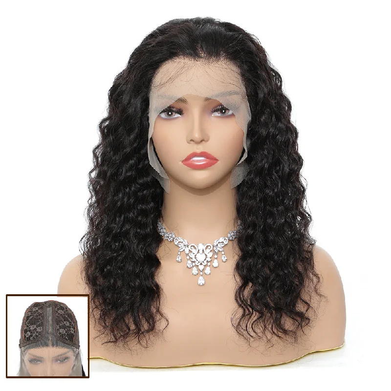 Sahar Water Wave Human Hair Lace Front T Part Wig #1B Natural Black