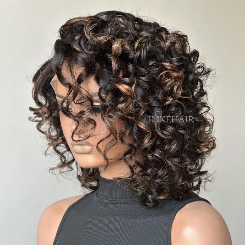 Short Bouncy Loose Curly With Blonde Highlights Lace Frontal Wig