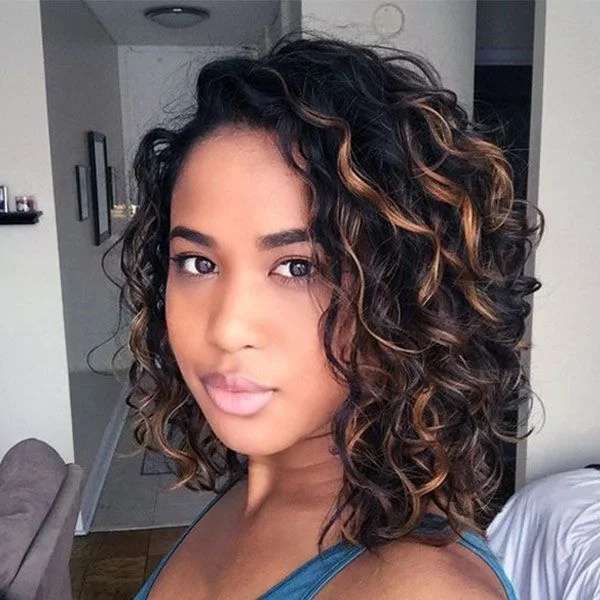 Short Bouncy Loose Curly With Blonde Highlights Lace Frontal Wig