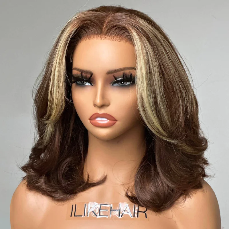 Short Chocolate Brown With Blonde Highlights Layered Cut 13x4 Lace Front Wig