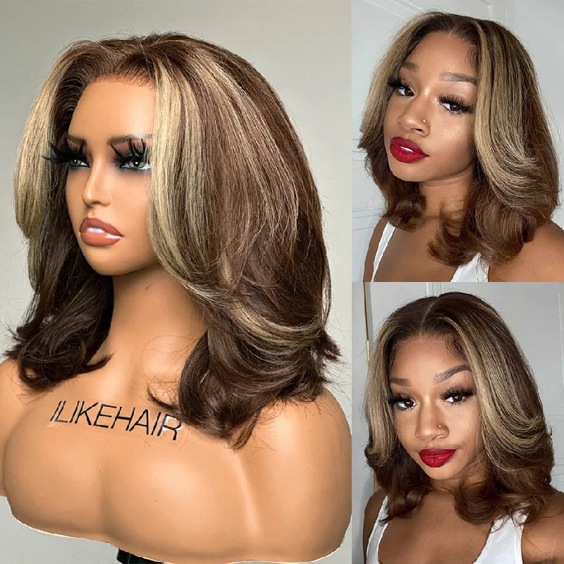 Short Chocolate Brown With Blonde Highlights Layered Cut 13x4 Lace Front Wig