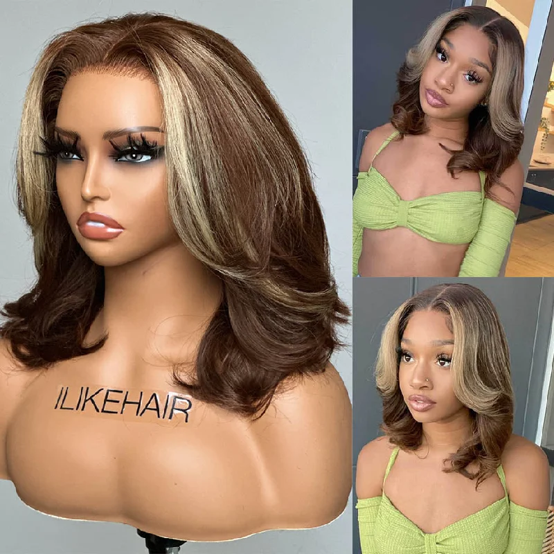 Short Chocolate Brown With Blonde Highlights Layered Cut 13x4 Lace Front Wig